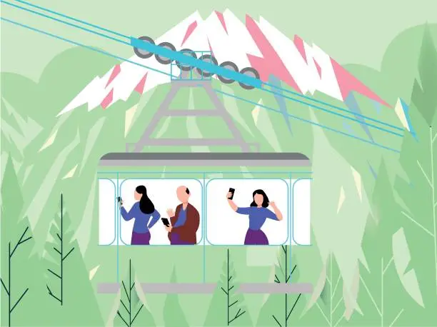 Vector illustration of Tourists taking selfies in the cable car.
