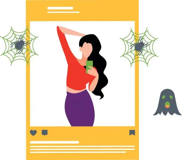 Vector illustration of Girl posting Halloween pictures.