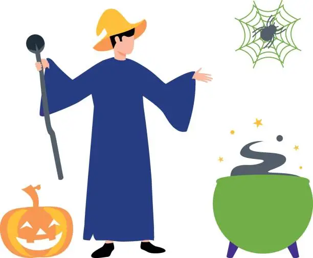 Vector illustration of The boy is dressed as a witch.