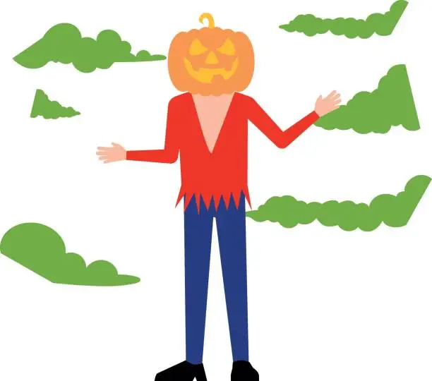 Vector illustration of The boy is wearing a pumpkin face.