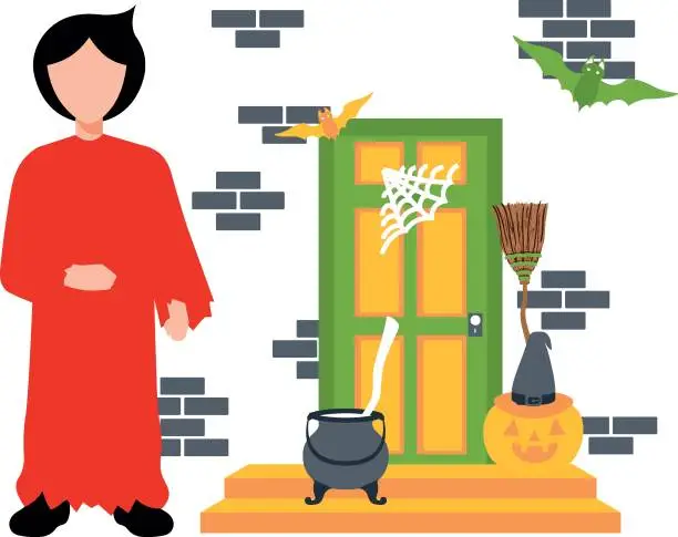Vector illustration of The girl is standing outside the door.