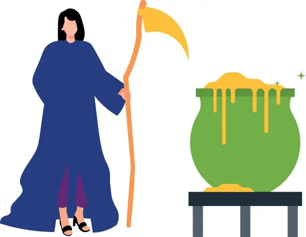 Vector illustration of The girl is standing next to the Halloween cauldron.