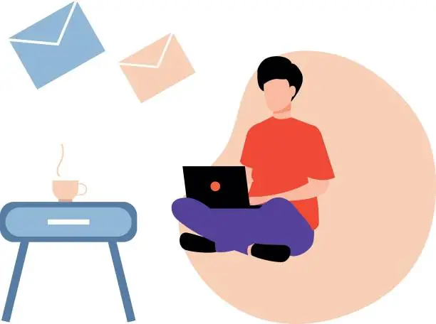 Vector illustration of Boy is sending emails on laptop.
