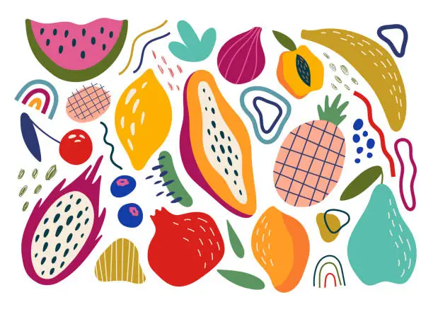Vector illustration of Exotic fruits big set. Mango, papaya, banana, pineapple and others. Modern style, abstract elements. Vector illustration