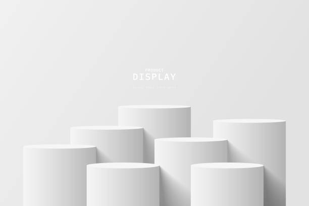 istock Empty white room with set of seven steps 3D cylinder podium pedestal or product display stand. 3D vector geometric platform design. Minimal wall scene for mockup. stage for product presentation. 2111343139