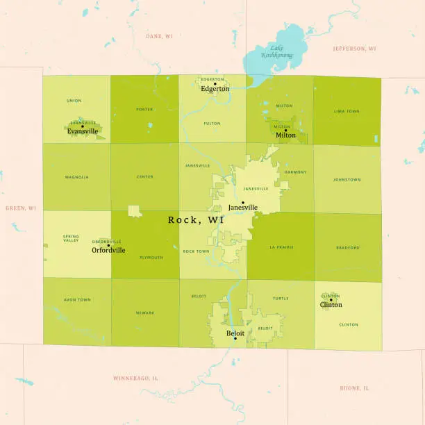 Vector illustration of WI Rock County Vector Map Green