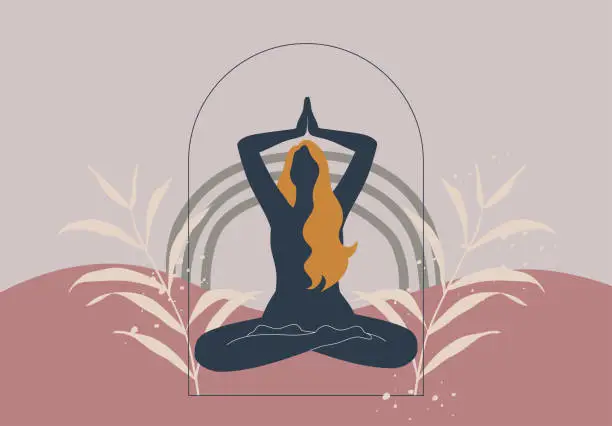 Vector illustration of Boho style woman meditate in lotus position, The happiness and serenity of a beautiful girl in abstract style, The casting of spells or black magic and the nature of tropical leaves, Vector design.