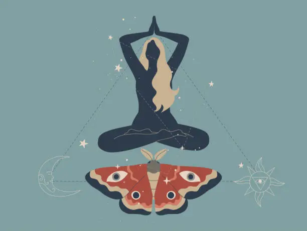 Vector illustration of Boho style woman meditating in lotus position, casting spells, Fortune telling and astrology, Black magic in abstract and natural style of tropical leaves, Moths and sacred stars. Vector design.