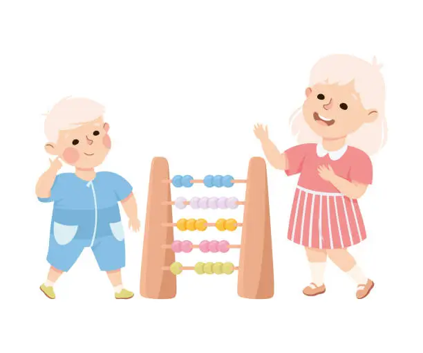 Vector illustration of Happy girl and boy counting on wooden abacus. Joyful kids brother and sister playing together or learning math cartoon vector illustration