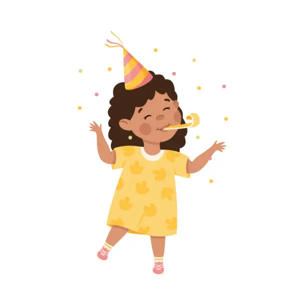 Vector illustration of Excited little girl wearing yellow dress and birthday hat blowing whistle cartoon vector illustration