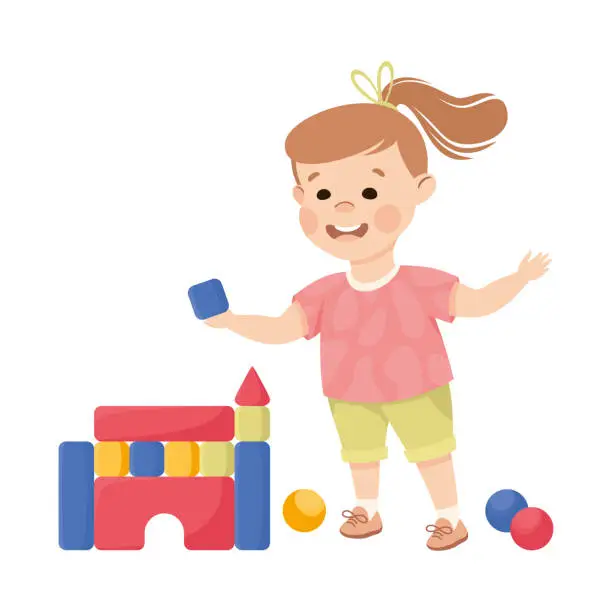 Vector illustration of Little girl building castle out of toy blocks. Happy kid playing toys cartoon vector illustration