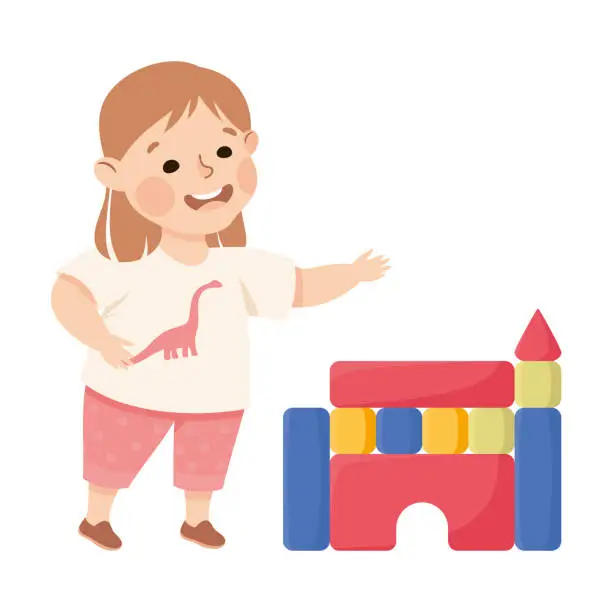 Vector illustration of Joyful little girl building castle out of toy blocks. Happy smiling kid playing toys cartoon vector illustration