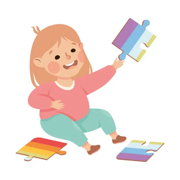 Vector illustration of Happy preschool little girl playing jigsaw puzzle cartoon vector illustration
