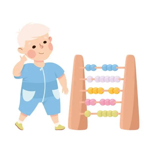Vector illustration of Joyful little boy counting on wooden abacus. Happy kid playing toys cartoon vector illustration