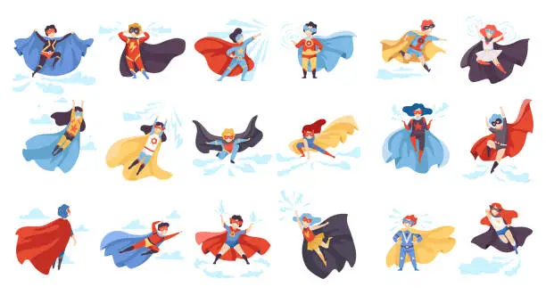 Vector illustration of Kids Superhero in Mask and Cloak Flying and Rushing to Rescue Vector Set