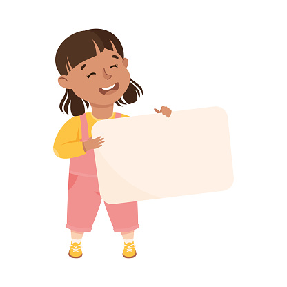 Happy Girl Holding Banner or Poster with Empty Space Vector Illustration. Smiling Little Kid Showing Blank Sheet of Paper for Advertising Concept
