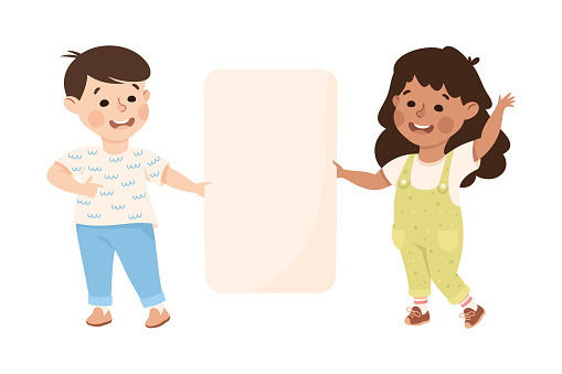Happy Boy and Girl Holding Banner or Poster with Empty Space Vector Illustration. Smiling Little Kid Showing Blank Sheet of Paper for Advertising Concept