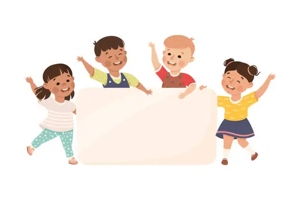 Vector illustration of Group of happy kids holding white banner together. Joyful boys and girls holding blank board, placard or paper sheet vector illustration