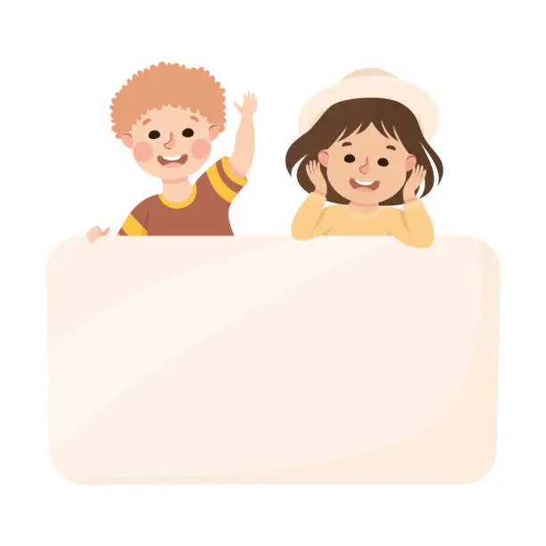 Vector illustration of Happy boy and girl standing behind white empty banner, board, placard cartoon vector illustration