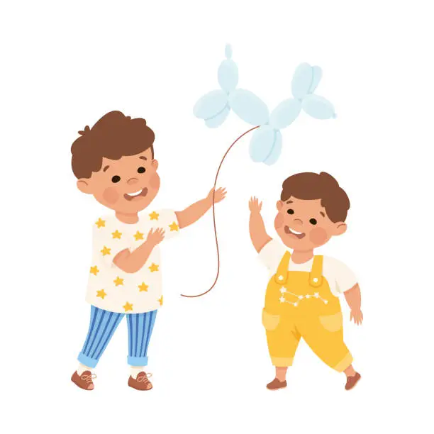 Vector illustration of Happy boys playing with twisted inflatable balloon. Joyful kids brothers playing together cartoon vector illustration