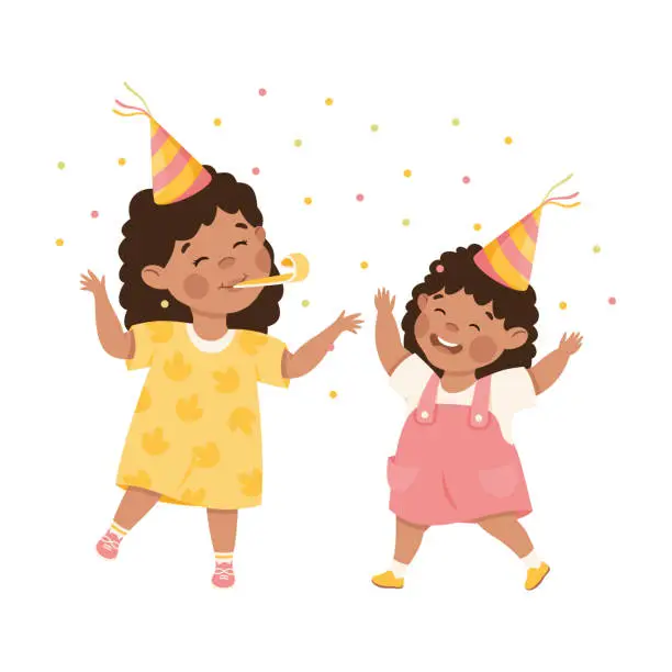 Vector illustration of Happy girls in party hats celebrating birthday. Joyful kids sisters playing together cartoon vector illustration