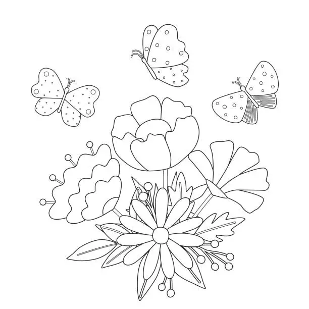 Vector illustration of Simple childrens coloring page with cute flowers and butterflies. Vector illustration with silhouette of plants, spring drawing.