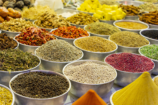 Variety of spices on the street market stall. Africa, Aswan - Egypt, Middle East, Nubia