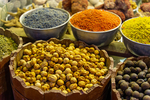Variety of spices on the street market stall. Africa, Aswan - Egypt, Middle East, Nubia