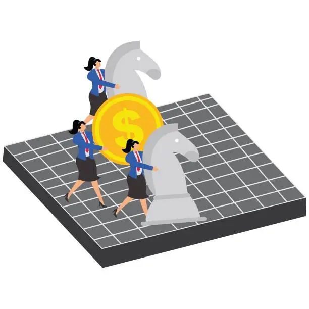 Vector illustration of Business and strategy, business plans and business competition, businesswomen pushing chess knights and gold coins