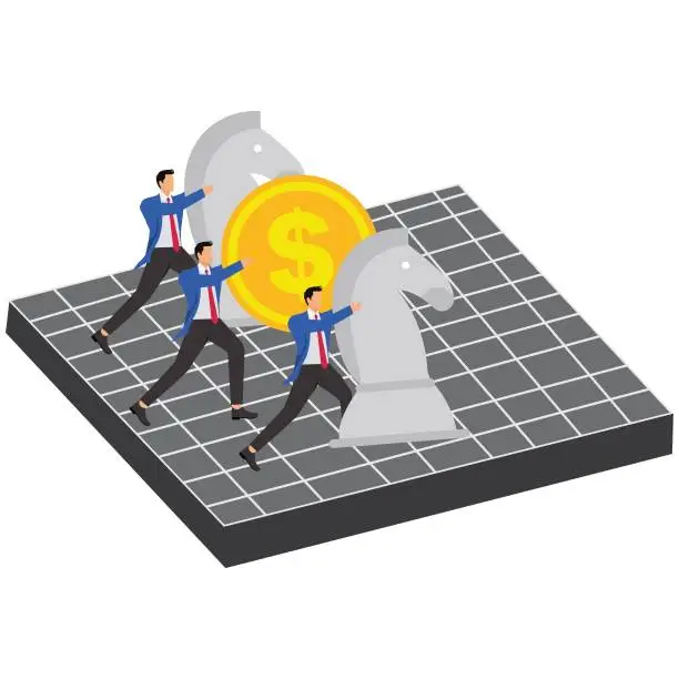 Vector illustration of Business and strategy, business plans and business competition, businessmen pushing chess knights and gold coins