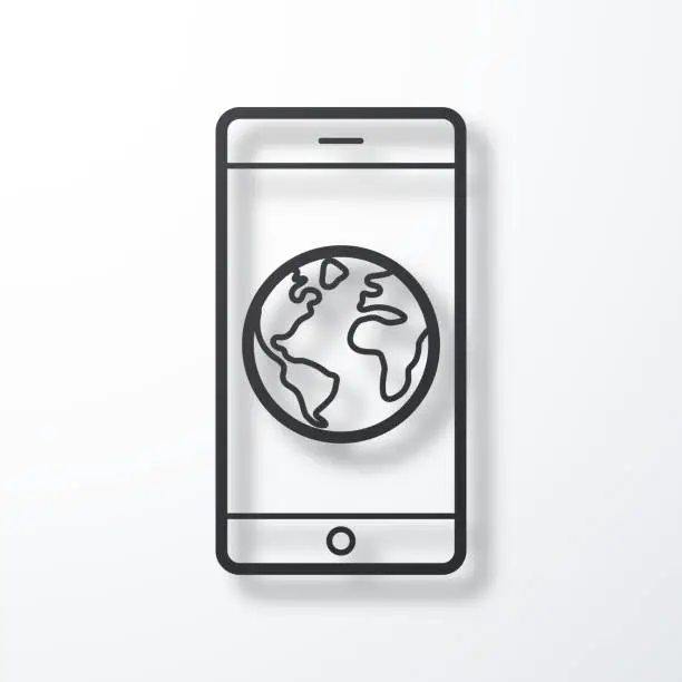Vector illustration of Smartphone with Earth. Line icon with shadow on white background