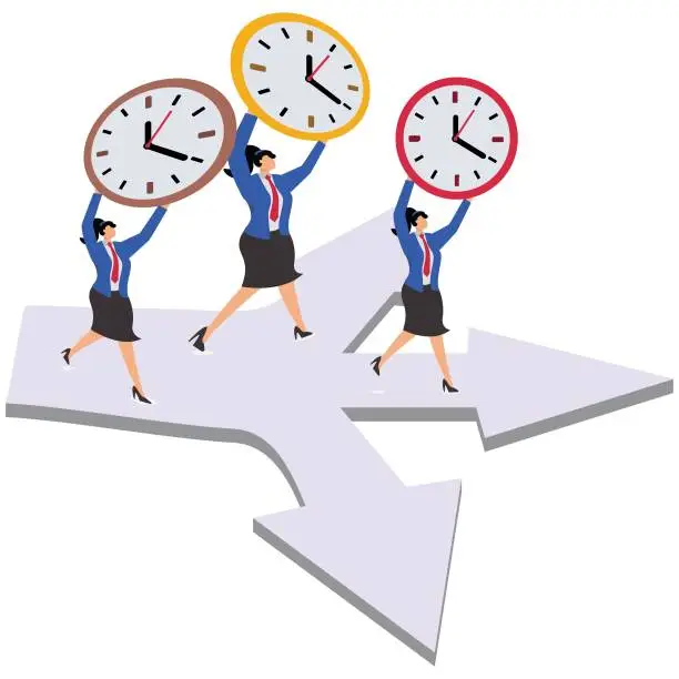 Vector illustration of Busy work, deadlines, time management, time and efficiency, getting things done in planned time, a bunch of businesswomen running around with clocks