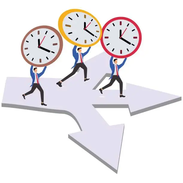 Vector illustration of Busy work, deadlines, time management, time and efficiency, getting things done in planned time, a bunch of businessmen running around with clocks