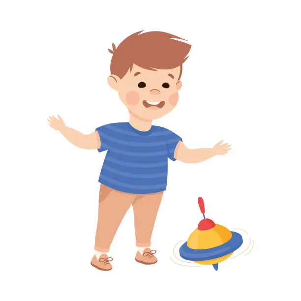 Vector illustration of Happy preschool little boy playing whirligig toy cartoon vector illustration