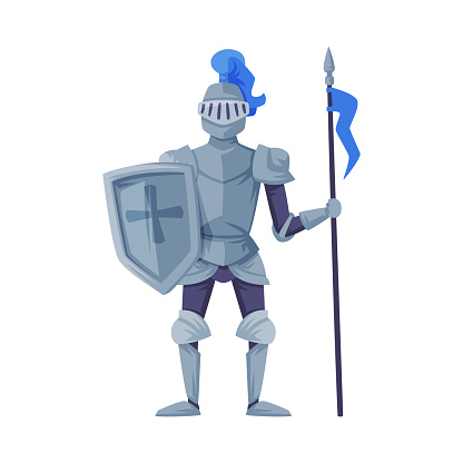 Medieval kingdom armored knight. Warrior holding lance ready to joust vector illustration isolated on white background