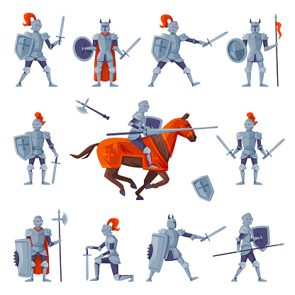 Medieval knights in full armour set. Ancient warriors with weapon vector illustration isolated on white background