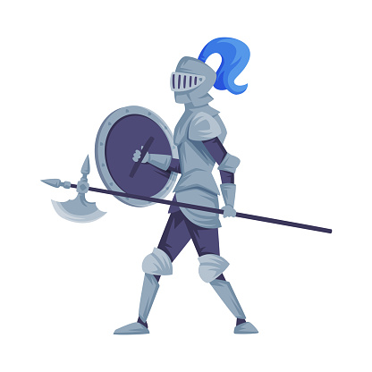 Ancient knight in full armour with shield and halberd vector illustration isolated on white background