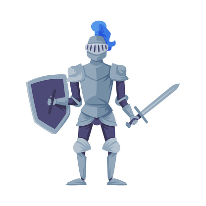 Medieval knight in full armour standing with shield and sword, front view vector illustration isolated on white background