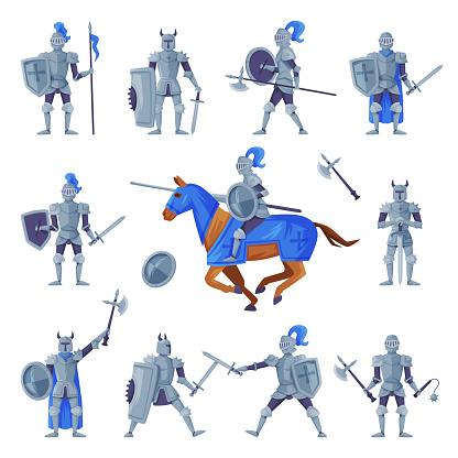 Medieval armored knights set. Warriors with ancient weapon ready to joust vector illustration isolated on white background