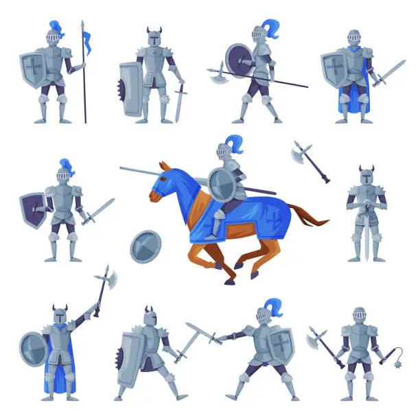Vector illustration of Medieval armored knights set. Warriors with ancient weapon ready to joust vector illustration