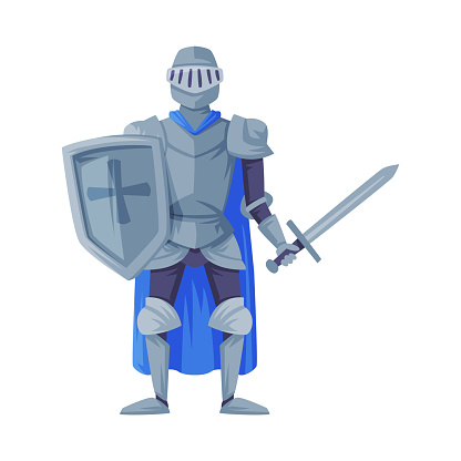 Medieval knight in full armour standing with shield and sword vector illustration isolated on white background