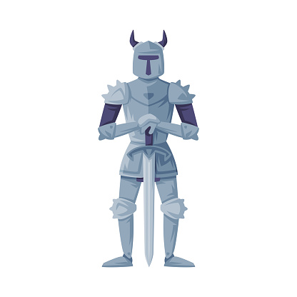 Medieval knight in full armour and horned helmet standing with sword vector illustration isolated on white background