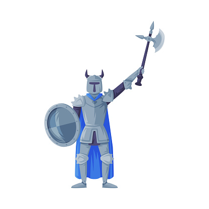 Medieval armored knight in horned helmet standing with poleaxe raised vector illustration isolated on white background