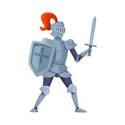 Medieval armored knight. Ancient warrior with shield and sword vector illustration isolated on white background
