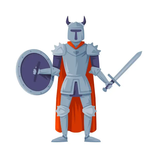 Vector illustration of Medieval armored knight in horned helmet standing with sword and shield vector illustration