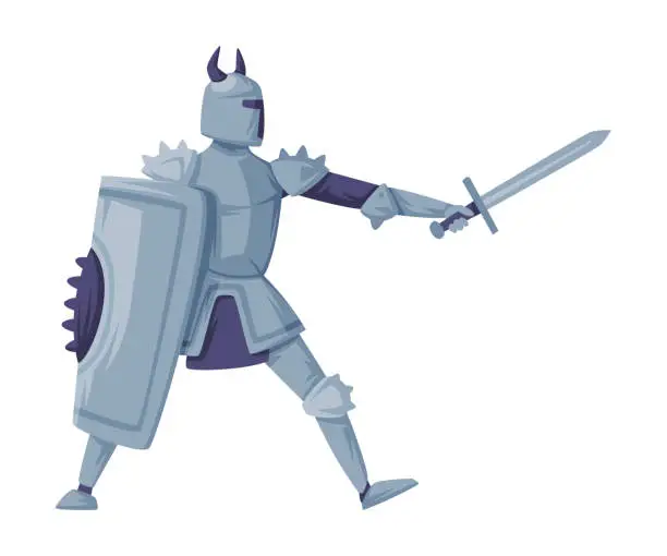 Vector illustration of Medieval armored knight in horned helmet fighting with sword and shield vector illustration