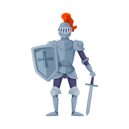 Medieval armored knight holding shield and sword ready to joust, front view vector illustration isolated on white background