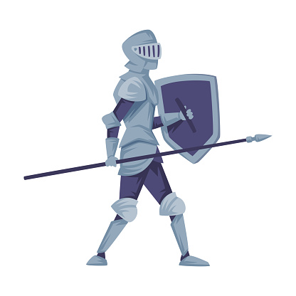 Medieval knight in full armour walking with shield and spear, side view vector illustration isolated on white background