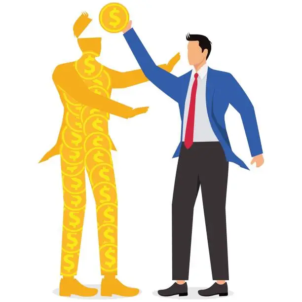 Vector illustration of Affluence, rich businessmen, excess wealth, financial corruption, bribery, unfairness of wealth, stout pants filled with gold coins inside