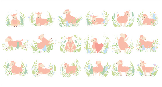 Cute Wooly Lamb Resting and Relaxing in Meadow Flowers Big Vector Set. Adorable Little Fluffy Sheep Farm Animal in Foliage